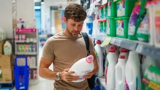hombre mirando etiquetas detergente