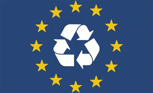 EU flag with recycling symbol.