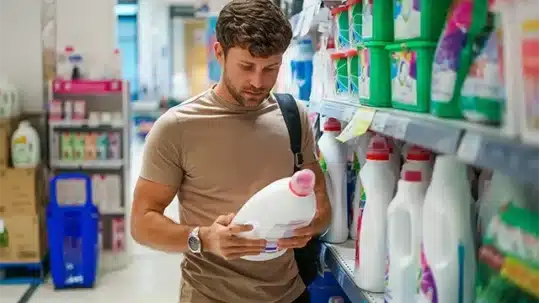 Hombre mirando pictogramas de limpieza