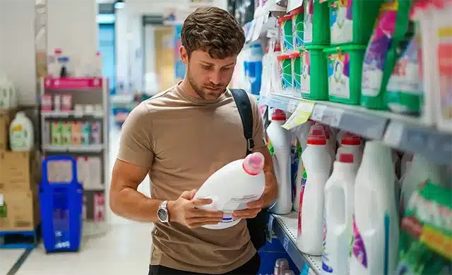 Hombre mirando pictogramas de limpieza